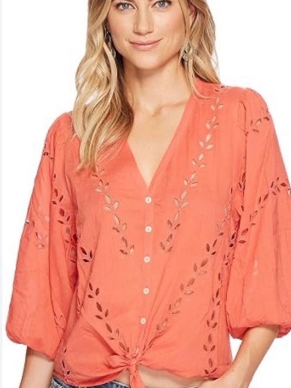 Lucky Brand Sz L Cotton Eyelet Peasant Blouse Coral VNeck Balloon Sleeve